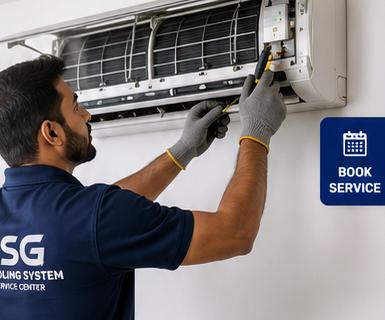 AC installation and repair service in Tiruvarur - BSG Air Cooling System technician servicing a split AC unit